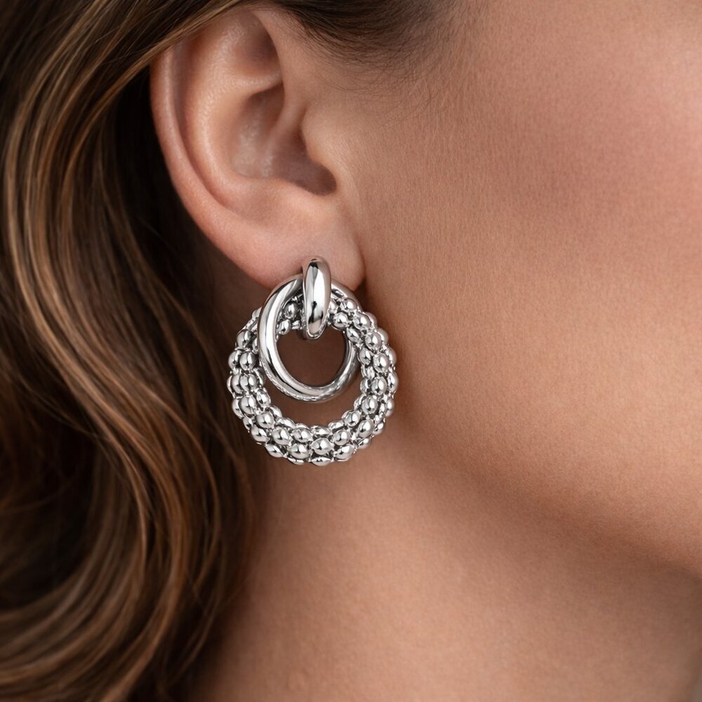 Retro Chunky 18K White Gold Plated Textured Double Circle Statement Earrings